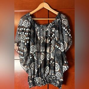 T.J.Maxx Black & Brown Tribal Print Sheer Top Size Large